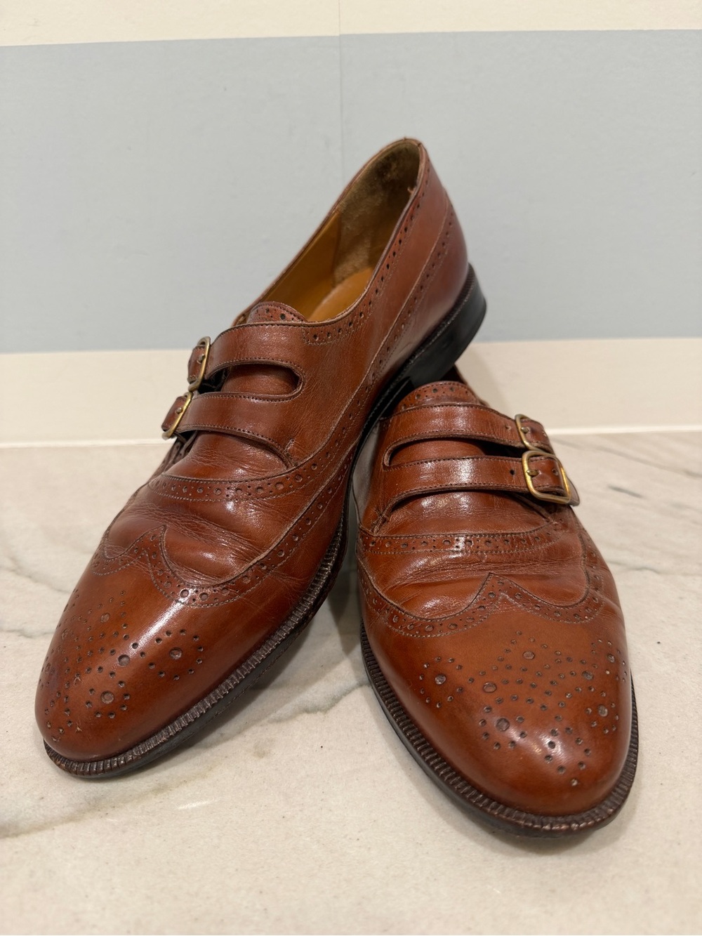 Mezlan Men's Brown Double Monk Wingtip Leather Shoes Geneva Made in Spain size 9